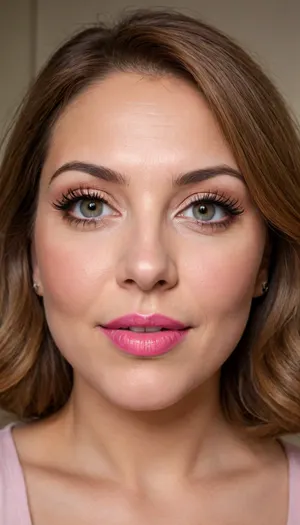 (masterpiece, best quality, photorealistic, ultra-detailed, highres, soft lighting), 1girl, (milf), (mature:1.3), 65 y.o., Macedonian, chubby heart-shaped face with refined features, thick arched eyebrows, large light hazel-blue eyes with long thick eyelashes, straight nose with delicate tip, very plump glossy lips with bright pink hue, high cheekbones, soft chin, wrinkles on face, olive skin with warm undertone, few faint freckles on nose, lips parted, open mouth, voluptuous lips, smiling, straight white teeth, bold makeup with winged eyeliner and bright lipstick, centered face, symmetrical, plump lips, sultry parted lips, shoulder-length wavy auburn hair framing face, in a softly blurred gradient background, <lora:add-detail-xl:2>, downblouse, nipslip, <lora:RealDownblouseXL2:.8>