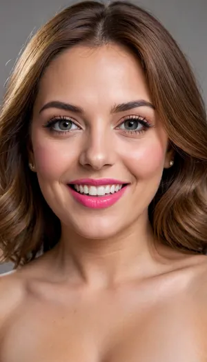 (masterpiece, best quality, photorealistic, ultra-detailed, highres, soft lighting), 1girl, (milf), (mature:1.3), 65 y.o., Macedonian, chubby heart-shaped face with refined features, thick arched eyebrows, large light hazel-blue eyes with long thick eyelashes, straight nose with delicate tip, very plump glossy lips with bright pink hue, high cheekbones, soft chin, wrinkles on face, olive skin with warm undertone, few faint freckles on nose, lips parted, open mouth, voluptuous lips, smiling, big smile, straight white teeth, bold makeup with winged eyeliner and bright lipstick, centered face, symmetrical, plump lips, sultry parted lips, shoulder-length wavy auburn hair framing face, in a softly blurred gradient background, <lora:add-detail-xl:2>, downblouse, nipslip, <lora:RealDownblouseXL2:.8>