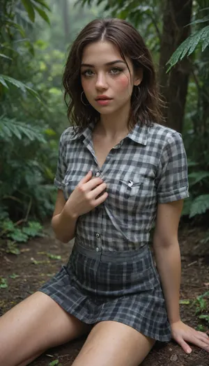 Sch0llg1rl, youthful, small tits, pierced nipples, wet, soaked, rain, storm, high skirt, checkered dress, uniform, <lora:Schoolgirl:.8>, hannahowoxl, <lora:HannahXL:.8>, freckles, face detail, cum, cock, heavy makeup, makeup running, tiny cock, jungle, foliage, ferns, leaning on tree, kneeling, wet, rain, soaked