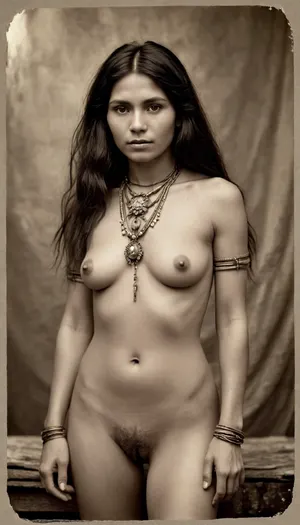 Vintage 1890s Victorian, Amazon indians tribe chief woman, skinny, wild tribe jewelry, full nude, messy black hair, pussy exposed, very hairy pussy, pubic hair, 3/4 view, old torn sepia photograph, <lora:old_world:.8>