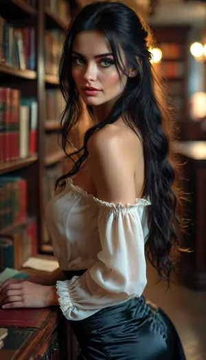 beautiful sexy 30 year old Russian woman, very long black hair, hair half up half down, sexy eyes, 34c tits, in a library, blouse and satin skirt, she is opening tight buttoned blouse to seduce you, <lora:BUT_SDXL_SHS:2>, <lora:MJ52:.1>, <lora:Vivid Midjourney mimic - XL SDXL v2.0:1.2>