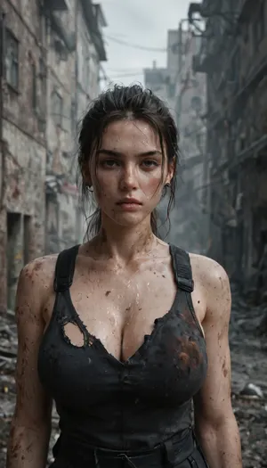 female german zombie apocalypse survivor, mid 20s, solo portrait, dirty torn tactical 2025 street clothing, european facial structure, fingerless gloves, bruised and scratched skin, messy ponytail, large breasts, sweat, dust, exhausted intense stare into camera, abandoned ruined european city background, broken concrete buildings, smoke hanging in air, cinematic moody post processing, volumetric light, dramatic shadows, ultra realistic photography, ultra detailed skin pores, gritty RAW photo, depth of field, sharp focus, survivor realism documentary war photography style, cold desaturated overcast winter daylight, grey skies, european winter light, subtle blue tone, harsh realism