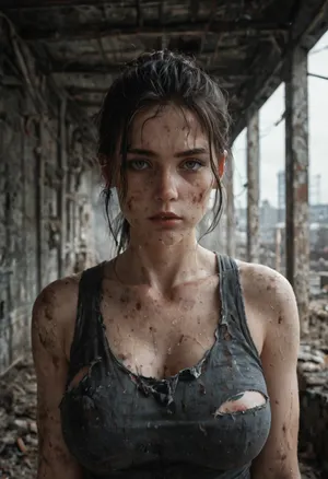 female german zombie apocalypse survivor, mid 20s, solo portrait, dirty torn tactical 2025 street clothing, european facial structure, fingerless gloves, bruised and scratched skin, messy ponytail, large breasts, sweat, dust, exhausted intense stare into camera, abandoned ruined european city background, broken concrete buildings, smoke hanging in air, cinematic moody post processing, volumetric light, dramatic shadows, ultra realistic photography, ultra detailed skin pores, gritty RAW photo, depth of field, sharp focus, survivor realism documentary war photography style, cold desaturated overcast winter daylight, grey skies, european winter light, subtle blue tone, harsh realism