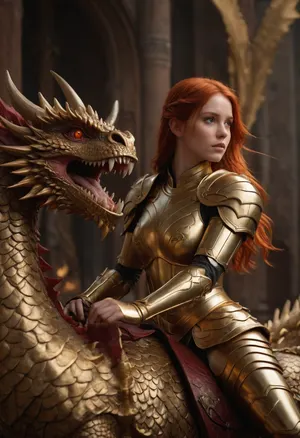ultrarealistic girl with a gold armor, red hair, fantasy backgroud, is riding a huge gold dragon