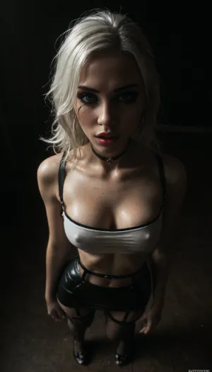 (score_7_up, score_8_up, score_9, 1girl, solo, masterpiece), ((face close-up)), ((standing)), deep cleavage, (overhead view, view from above:1.3), (skindentation:1.1), sultry, seductive, seducing, alluring, intimate, sexual, horny, ((long white hair)), (messy hair), (white hair:1.5), (black leather micro skirt), 18yo girl, (athletic skin body), (narrow waist:1.4), ((hip gap)), insatiable, lustful, erotica, irresistible, ziprealism, white tube-top, erected nipples, black choker, platform high-heels, oiled skin, (black fishnet stockings with garters), ((makeup:1.6)), (garters:1.6), dim light, (mouth wide open), ((light_blue_eyes:1.4)), (black background, chiaroscuro lighting:1), <lora:sunnyrayyxo_v1_SDXLBase:.4>, <lora:dark:.6>