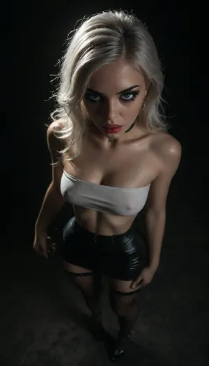 (score_7_up, score_8_up, score_9, 1girl, solo, masterpiece), ((face close-up)), ((standing)), deep cleavage, (overhead view, view from above:1.3), (skindentation:1.1), sultry, seductive, seducing, alluring, intimate, sexual, horny, ((long white hair)), (messy long hair), (white hair:1.5), (black leather micro skirt), 18yo girl, (athletic skin body), (narrow waist:1.4), ((hip gap)), insatiable, lustful, erotica, irresistible, ziprealism, white tube-top, erected nipples, black choker, platform high-heels, oiled skin, (black fishnet stockings with garters), ((makeup:1.6)), (garters:1), dim light, (mouth wide open), ((light_blue_eyes:1.4)), (black background, chiaroscuro lighting:1), <lora:sunnyrayyxo_v1_SDXLBase:.4>, <lora:dark:.6>