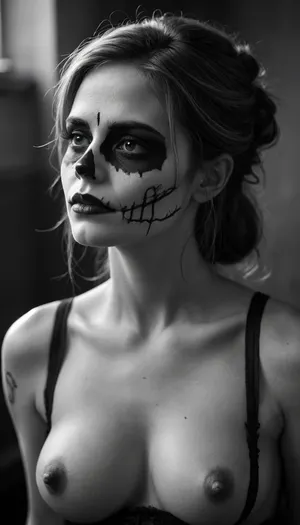 Tangled, (skull face), frown, (painted face), partial profile, monochrome, ((retrousse tits)), (medium tits), black jaw, pointed chin