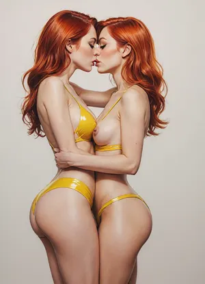 detailed pencil drawing with clean lines and meticulous shading, females, 2 girls, kissing, holding each other, sidelight, red hair, bright yellow latex bikini, cross eyes, futuristic neon lit spacecraft background, erotic, hot, sexy, dynamic sexy pornstar pose, blurry background, 1girl, after sex pussy, front view, тlineart, blurry white background, drawing, by, NTY, jsbw, style, v0ng44g, sk3tch, .8>, <lora:JasmineBWXLDoguMini:2>, <lora:sketch_it:2>, <lora:195794_training_data:2>