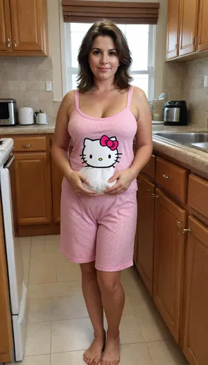 old cute charming mature, sexy 40 years, brunette, medium hair, barefoot tan skin, after sleep, messy hair, at the kitchen, narrow hip, big culottes, chubby petite, huge boobs, big belly, selfie, full body view, looking at the camera, sexy cute in love face, very cute an charming, very cute hello kitty pj's, cute pj