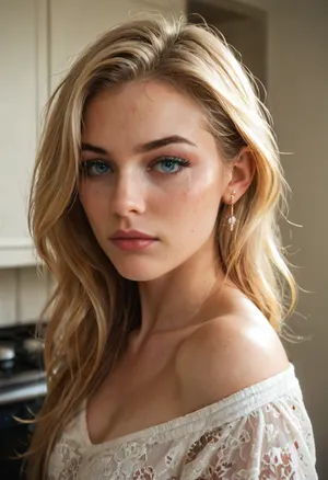 a realistic portrait of a woman in her early 40s resembling Skyler from Breaking Bad, with blonde hair parted to the side, subtle eye makeup, slight frown, standing in a suburban kitchen with warm yellow light, high-quality cinematic photography, inspired by American TV drama style, emotional and grounded tone, 8k ultra-realistic detail