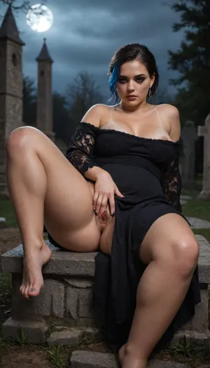 Solo_girl, fat_obese, pale_skin_tone, deep tan lines, black hair, purple_blue_highlights, full makeup, makeup_running, sweaty/sweating, medium breasts, big ass, wearing long gothic black_dress, in a cemetery, at night, sitting on headstone, legs spread, hand spreading labia, dripping pussy. 4k epic detail, sharp focus, moody, epic, gorgeous, rating, explicit, score_9, score_8_up, score_7_up