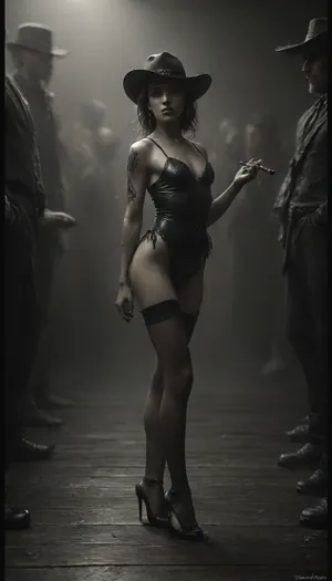 Monochrome, Wild West 1790, 1female, 1male, side view of a super sexy athletic and flat-chested and very dark skinned blonde woman, (she lies with her back in an extremely lascivious manner on a huge polished wooden floor:1.5), (wears her disheveled typical sexy long and wide Burlesque costumes:1.7), (deep neckline:1.7), slutty playful pleasuring male gunslinger’s cock with her foot, (ultra sweating body:1.6), joyful, soaked sweaty wet panties, perfect face, perfect hands, perfect feet, perfect toes grabbing cock tight, gasping wet pussy, (all over tattoo:1.6), ruffles, garter belts and cancan in a saloon, (entire couplew in frame:1.7), she wears, (sexy cancan outfit:1.3), underneath a red lingerie, (typical wide dark and long red velvet dress with many white petticoats:1.4), (black fishnet stockings:1.4), cowboy boots, seductive aura, (black dressed gunslinger with cowboy hat has erected cock:1.7), (sex with several cowboys:1.3), (dollar bills in one hand:1.3), warm golden lamplight, card tables and piano in the background, cowboys and gamblers glancing her way. Sawdust on the floor, haze of cigar smoke in the air, filled with dust and smoke, emphasizing a cinematic, dystopian cowboy atmosphere, art Style & Technique is a dirty old style, Ultra-realistic digital painting with cinematic depth of field. Highly detailed texturing on leather, skin, and hair, dramatic contrast lighting and warm dusty tones, a sharp foreground focus and a slightly blurred background to create depth, masterpiece, best quality, ultra-detailed, cinematic lighting, old west, Ultra-realistic Western art, highly detailed, cinematic moody lighting, tense but charismatic atmosphere. crowd, of, people, Black, and, white, art, black, shading, charcoal, toned, brutal, dark, b/w, color, scheme, downblouse, nipslip, <lora:crowd_notrigger:.8>, <lora:MJ52:.8>, <lora:Black and white art.V1:1.5>, <lora:RealDownblouseXL2:.8>, <lora:dark:.5>