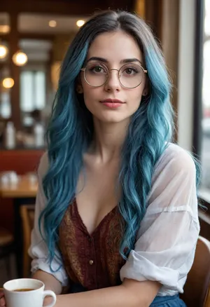 30 year-old woman, subtle makeup, Brown eyes, dark eyes, intense look, eccentric, mischievous, lewd, open hair, 1/2 view, Dr. Evelyn, English, PhD in human anatomy and sex studies. University professor. Realistic face. Long wild blue hair. Rimless huge round Glasses. Boho chique clothes. In a café. Smirk. Gold locket. Autumn clothing.