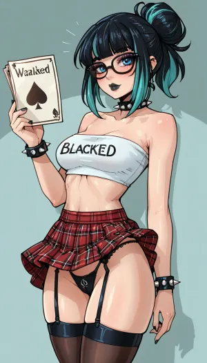 Score_9, score_8_up, score_7_up, (reiq meets innv and markgavatino style:1), 1woman, black hair with highlights, tied hair up ponytail, blue eyes, thick black glasses, spiked choker, spiked bracelets, glamorous goth makeup, black lipstick, ((medium breasts)), breasts bulging out top, wearing a tight blacked branded tube top, red plaid mini skirt, black garter belt underneath, black fishnet stockings, lifted skirt, black thong exposed, queen of spades branded thong, dynamic pose, <lora:ratatatat74-000050:1.9>, <lora:cartoon_stickers_xl_v1:.8>, <lora:LCMTurboMix_Euler_A_fix:1.8>, <lora:detailed_notrigger:1.5>, <lora:hentai_anime_style_xl_v1:1.6>