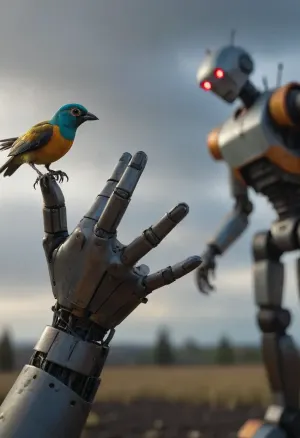 very strong close-up with shallow depth of field of a colorful live Bird sits on outstretched robot hand in foreground, fed with seeds, (background filled with a blurred robot face observes the bird on the hand:1.4), cloudy, smoke, atmospheric, clouds, fog, TIE, fighter, <lora:Simon_Stalenhag_LFTL_SDXL:1.7>, <lora:Cloudy_Style:.8>, <lora:TIE fighter:.8>, <lora:[XL]focus:1.5>