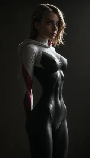 (((18 years old))), (((young))), (spider girl Gwen Stacy), Braided side Side Cornrows white Hair, (seductive pose), (seductive shy face), ((tight outfit)), (athletic body:1.5), (athletic abs and legs), (hip gap:1.3), ((wide hips)), (narrow waist:1.6), (white hair), (view from side:2), side view, standing, (makeup), ((pussy cameltoe:1.4)), (wet clothes), (makeup:1.4), (oiled skin:1.7), (wet tight bodysuit:1.8), hand, 1girl, (athletic ass), (high detailed face:1.5), dim lights, (hard nipples:1.3), (big perky boobs:1.4), big breast, (dim lights), (chiaroscuro lighting:.3), <lora:HandFineTuning_XL:1>, <lora:MGLRbodysuit_sdxl:.6>, <lora:uberfit_lora_sdxl:.4>, <lora:dark:.3>, <lora:M0llY_PARK3R-000001:.8>