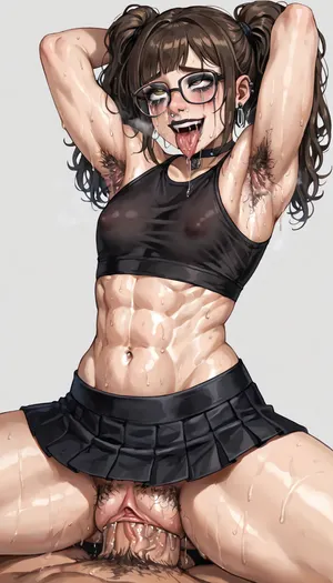 smile, breathing, glasses, goth mini skirt, black gym crop top, brown hair, twintail, dark makeup, intense pleasure, moaning, eye roll, tongue out, crying, runny nose, saliva dripping from mouth, muscle body, Sweaty body, smell, smoke from sweating, hairy pussy armpits, (loose ruined huge pussy:1.3), (huge giant enormous cock fucking her pussy:1.3), <lora:ReverseCowgirlFullNelsonXL:.8>, <lora:287175_training_data:.8>