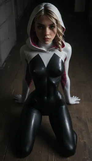 (((18 years old))), (((young))), (spider girl Gwen Stacy), Braided side Side Cornrows white Hair, (seductive shy face), ((tight outfit)), (athletic body:1.5), (athletic abs and legs), (hip gap:1.3), ((wide hips)), (narrow waist:1.7), (white hair), (view from front:1.6), view from above, (overhead view:1.4), ((leaning forward)), ((sitting on all fours on the floor)), (makeup), ((pussy cameltoe:1.4)), (wet clothes), (makeup:1.4), (oiled skin:1.7), (wet tight bodysuit:1.8), very tight suit, hand, 1girl, (athletic ass), (high detailed face:1.5), dim lights, (hard nipples:1.3), (big perky boobs:1.4), big breast, (chiaroscuro lighting:.3), <lora:HandFineTuning_XL:1>, <lora:MGLRbodysuit_sdxl:.6>, <lora:uberfit_lora_sdxl:.4>, <lora:dark:.3>, <lora:M0llY_PARK3R-000001:.8>