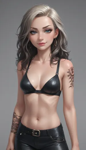 score_9, score_8_up, score_7_up, 1girl, (incase, incase style:.6), (mischievous esthetic:1.2), (rocker girl, Rockstar, leather bra, long hair, arm tattoo), (cleavage), (smug, confident woman, soft flirty smile, seductive pose), (large expressive eyes), (), <lora:princess_xl_v2:.8>