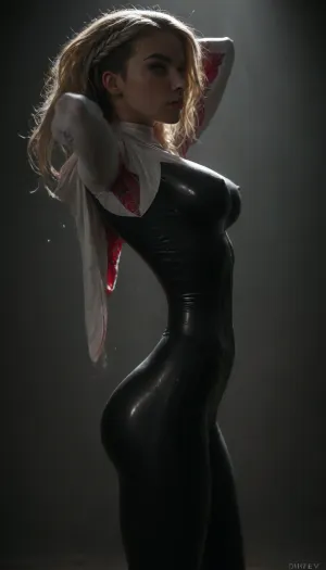 (((18 years old))), (((young))), (spider girl Gwen Stacy), Braided side Side Cornrows white Hair, (seductive pose), (seductive shy face), ((tight outfit)), (athletic body:1.5), (athletic abs and legs), (hip gap:1.3), (hands behind her head), ((wide hips)), (narrow waist:1.6), (white hair), (view from side:2), (side view), standing, (makeup), ((pussy cameltoe:1.4)), (wet clothes), (makeup:1.4), (oiled skin:1.7), (wet tight bodysuit:1.8), hand, 1girl, (athletic ass:1.3), (high detailed face:1.5), dim lights, (hard nipples:1.3), (big perky boobs:1.4), big breast, (dim lights), (chiaroscuro lighting:.3), <lora:HandFineTuning_XL:1>, <lora:MGLRbodysuit_sdxl:.6>, <lora:uberfit_lora_sdxl:.4>, <lora:dark:.3>, <lora:M0llY_PARK3R-000001:.8>