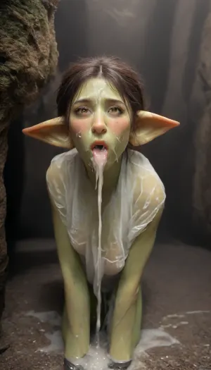 ((masterpiece)), (best quality:1.8), ((ultra-detailed:1.8)), (Photorealism:1.9), (Goblin female:1.9), (moss-green rough skin:1.7), skin details, pores, microtexture, (iron shackles on wrists), cock shoved down throat, blowjob, sucking cock, view full body., (Multiple cumshots:1.2), (Semen dripping from face and body:1.6), (cum flowing down the legs:1.5), . dark cave, firelight, rough stone floor, harsh firelight.