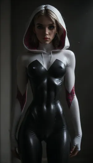 (((18 years old))), (((young))), (spider girl Gwen Stacy), Braided side Side Cornrows white Hair, (seductive shy face), ((tight outfit)), (athletic body:1.5), (athletic abs and legs), (hip gap:1.3), ((wide hips)), (narrow waist:1.6), (white hair), (view from front:1.6), standing, (makeup), ((pussy cameltoe:1.4)), (wet clothes), (makeup:1.4), (oiled skin:1.7), (wet tight bodysuit:1.8), hand, 1girl, (athletic ass), (high detailed face:1.5), dim lights, (hard nipples:1.3), (big perky boobs:1.4), big breast, (chiaroscuro lighting:.3), <lora:HandFineTuning_XL:1>, <lora:MGLRbodysuit_sdxl:.6>, <lora:uberfit_lora_sdxl:.4>, <lora:dark:.3>, <lora:M0llY_PARK3R-000001:.8>