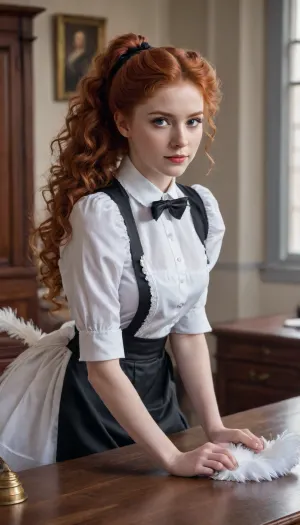a young cleaning female who does the cleaning, bent over, dusting a desk with a feather duster, young Redhead female, very very long red curly ponytailhair, view from 3/4, victorian, maid, <lora:xl_victorian_maid_dress-1.0:.8>