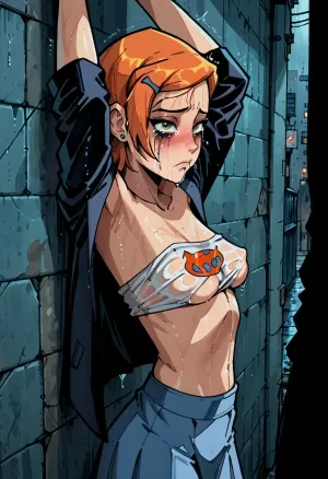 Score_9, score_8_up, score_7_up, reiq meets markgavatino art style, 22 year old, supermassive sagging breasts, ((crying, tears, unhappy, sad, embarrassed, ruined makeup, runny mascara)), long messy wet orange hair, brown eyes, looking up at you, ((hands held above her head)), black blazer off at shoulder, wet white strapless t-shirt with deep neckline, shirt pull down, ((breasts exposed, saggy natural breasts)), black mini skirt, (skirt rides up ass), fishnet stockings, side view, unhealthy blush on face, blowjob, deep throat, gagging on young inferior penis, hand holding girl's head, back against wall, dark street, at night, raining, cute, doodle, ratatatat74, (/Ben10), /, (ultra, HD, quality, details), ßbright, (green, eyes), ð, brightness, gwen, tennyson, bright, orange, hair, short, <lora:cutedoodle_XL-000012:.8>, <lora:ratatatat74-000050:.8>, <lora:NEOTOKIOXL_0.2_RC:.8>, <lora:outline_xl_kohaku_delta_spv5x:.8>, <lora:Gwen Tennyson (Ben10) - XL SCXL V1.0:.8>