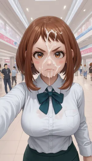Ochako uraraka, Look a viewer, frown, face covered cum, cum on face, facial cum, angry expression, walking, in mall, Model, white collared shirt, selfie