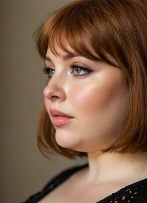 ziprealism, (intimate private snapshot esthetic), ((sensual obese woman), , , intimate seduction, soft sweet smile, sensual pose:1.4), (chubby:1), (f/2.8, shallow depth of field, profile shot, side view:1.2), (focus on eyes, perfect eyes:1.2), (subtle bokeh:.4), (vibrant auburn hair with warm highlights, short French Bob cut hair, cute blunt bangs and fringe, voluminous hair:1.6), (large teardrop breasts, soft pale), (large expressive eyes, perfect eyes, defined jawline, full sensual lips, pale skin, soft blush), (cozy bedroom, warm romantic lighting), igbaddie, <lora:igbaddie-XL:.4>, <lora:style_lora_realis:.8>