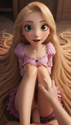 (Jack cayless art style), (disney tangled style), (3d cartoon style), (rapunzel:2), cartoon version, in her tower room, very long straight blonde hair, wearing her pink disney princess dress, (moaning), saggy tits out, grabbing her breast, horny expression, seductive smile, pov missionary, legs up, skirt up, penetration