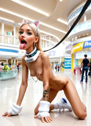 (crowded sci-fi slave mall:1.1), spotlights, (full body side view:1.5), (kneeling), (legs slightly apart:1.3), (sits), (legs spread apart:1.5), (on fours:1.3), (white massive very oversized electronic collar device around very short large throat:1.6), (ultra-detailed), (holds leash:1.4), flexible, (looking at viewer:1.5), (opened mouth:1.5), ((breathtaking very beautiful Ukrainian petite woman:1.6)), (model cutie:1.5), (perfect:1.7), (nacked slender very skinny body:1.7), (small extreme thin micro waist:1.7), (very short low pelvic:1.7), (wide shoulders:1.5), ((visible very wide extreme protruding rib cage:1.8)), (open perfect eyes:1.6), (look directly very up:1.5), (perfect middle lips:1.2), (semi smile slightly:1.3), (wide tongue rounded at the end:1.6), (very long very flat wide tongue hanging down:1.6), (laminated long light multicolored smooth silky straight hair:1.6), (firm perky fake implanted silicone medium breasts:1.6), (boobs spread wide apart:1.6), (tanned skin:1.4), (very beautiful thin face:1.5), (narrow cheekbones:1.4), thin beautiful eyebrows, (very gorgeous:1.3), (sexy:1.2), (erect nipples:1.3), (nipple ring piercings:1.3), (satisfied:1.2), (white rings hands:1.3), (shaved pussy), (tattooed body:1.3), (tattooes:1.3), (seductive sexy makeup:1.3), (thick long eyelashes:1.5), lipstick, (big wide mouth:1.4), (stunning:1.3), (dimples:1.3), seductive pose, (fake small white cat ears:1.7), (white sneakers:1.3), (white small very thin mittens:1.3), (full length photo:1.3), <lora:Microwaist_XL_v01:2>