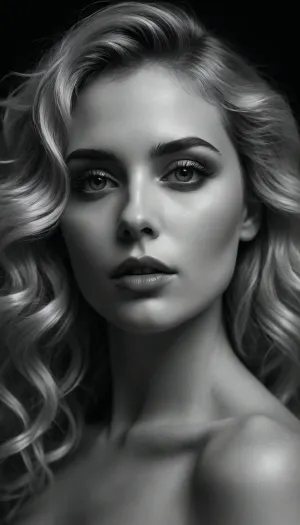 Ultra-detailed, intensely high-contrast black and white cinematic close-up portrait of a young woman, photographed from a subtly low angle, emphasizing a dramatic and profoundly introspective expression. She possesses an extraordinary volume of long, cascading, elaborately wavy platinum blonde hair, featuring distinctly visible, natural-toned darker roots at the crown. The hair texture is thick, dense, and finely detailed, with structured, medium-to-large-sized waves flowing consistently from roots to ends, creating a lush, dynamic frame around her face. Her eyes are the absolute focal point, exceptionally large, wide-open, and piercing. They are fixed in an intense upward and slightly rightward gaze, conveying deep contemplation, a searching look, or a moment of dramatic thought, specifically avoiding a direct forward stare, focusing on the upward direction of the gaze. Her eyelashes are hyper-defined, extremely long, thick, dramatically curled upwards, and intensely separated into distinct, spiky clusters by heavy, dark mascara, giving a powerful, almost doll-like effect. A focused, bright highlight illuminates the inner corner of each eye. Her eyebrows are medium-thick, naturally shaped, and meticulously groomed into a soft, elegant arch, providing a critical dark contrast against the pale skin and hair. She has full, beautifully sculpted lips with a sharply defined Cupid's bow. Her lips are slightly parted or relaxed, not tightly closed, suggesting a soft, unforced expression, and are coated in a neutral, velvet-matte finish. Her nose is straight and finely proportioned, with a distinct, soft shadow precisely cast along its left side, (viewer's left), by the light source, meticulously enhancing its three-dimensional quality and contour. Her skin is impeccably smooth, pale, and flawless, exhibiting a refined matte finish. Sophisticated studio chiaroscuro lighting is paramount, utilized to profoundly emphasize sharp yet elegant contouring beneath her prominent cheekbones and along her nose, creating a distinctly chiseled, high-fashion sculptural effect. The lighting must create strong, dramatic shadows and bright highlights to enhance contrast and depth, reminiscent of classic portrait photography, ensuring the entire image is rendered solely in black and white tones. The under-eye area is highly illuminated and bright. The final image must possess the photorealistic quality of a high-end editorial photograph, prioritizing intricate texture, deep tonal variation, razor-sharp definition, and most importantly, the original upward, contemplative gaze, the specific dramatic black and white contrast, and the overall melancholic yet striking mood of the initial reference image.