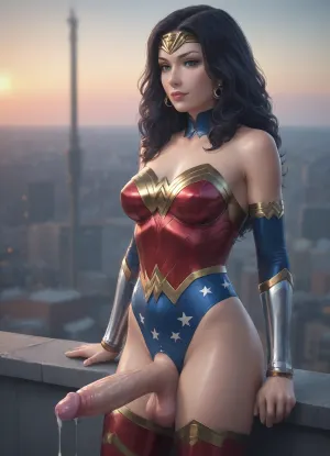 a beautiful futanari girl dressed in a latex wonder woman costume is standing on a rooftop overlook the city at dusk. Her huge cock is erect and dripping with cum as she strokes it.