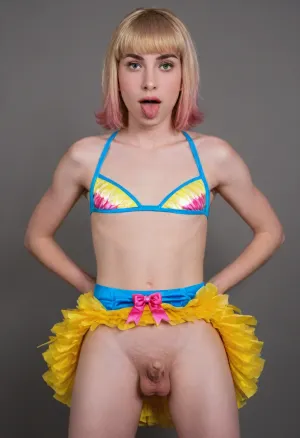 masterpiece, best quality, photorealistic, ultra detailed 8k, beautiful 20-year-old extreme androgynous femboy, pale skin, big blue eyes, heavy makeup, ((bright yellow bob wig with hot-pink inner streaks completely covering natural hair:1.7)), intense ahegao face, rolled eyes, drooling, long tongue out, deep chicken squat, knees extremely wide, hands on thighs, exact costume, ((tiny dense yellow feather bikini top:1.7)), ((ultra-short dense yellow feather tutu skirt fully lifted:1.7)), no panties whatsoever, ((very small shrunken flaccid penis and tight balls completely visible and in sharp focus:1.8)), orange fishnet thigh-high stockings, thick orange fuzzy leg warmers, huge oversized yellow cartoon chicken feet with three toes, no wings, bamboo wall, green carpet, giant red apple, easter eggs basket, explicit genital detail, uncensored