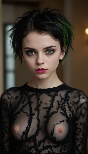 18 year old petite girl, shaved pussy, medium breasts, hot pink lipstick, torn open clothes, black messy hair, goth, gothic style, small tits, ((full body visible)), petite model, quite young, perfect face, bright green eyes, pretty, close-up, petite body, full body photo, beautiful face