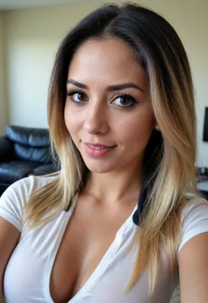 32 yr old, Mexican woman, large tits, selfie for boyfriend, long black hair with blonde highlights, polo shirt, make up, flirtatious smile, full lips