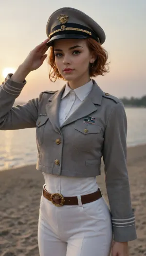 score_9, score_8_up, score_7_up, score_6_up, anime screencap, anime coloring, FGMatildaAdjan, 1girl, solo, brown eyes, short hair, hair slicked back, orange hair, lipstick, breasts, peaked cap, grey headwear, military uniform, grey jacket, belt, white pants, boots, yellow footwear, standing, upper body, facing viewer, salute, pov, closed mouth, looking at viewer, BREAK, dusk, sunset, outdoors, sunlight