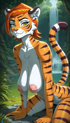 Brigitte Lindholm, (((((saggy breasts, natural sagging breasts))))), on all fours, (naked), slim waist, tiger woman, tiger breasts, tiger nipples, tiny waist, furry human face, sexy furry, furry art, fur, (((sexy tigress))), tiger tail, (((tiger face))), (((furry face))), anthropomorphic furry, furry tigress, side view, gwen, tennyson, (/Ben10), /, (ultra, HD, quality, details), bright, orange, hair, short, (green, eyes), <lora:Gwen Tennyson (Ben10) - XL SCXL V1.0:.8>