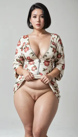35-year-old woman, white, (natural, pale skin), MILF, long, straight, loose black hair down to her waist, chubby, (plump, hourglass figure), medium-sized natural breasts, hairless pubic area, (smooth, hairless, shaved vulva), soft thighs, rounded buttocks, (perfect buttocks), wearing a floral dress, opens the zipper of the dress with her hand, thick thighs, large, natural breasts on display, beautiful, stunning, breathtaking, unbuttoned, zipper open, short top open, long dark hair, bob haircut, belly button showing, belly showing, wide hips, white background, vagina showing and visible, upper thighs showing, pretty face, lifts the dress to expose the upper thighs and vagina.