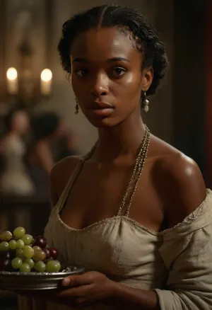 A highly photorealistic depiction of an African slave woman in ancient Rome. She has a strong facial expression, with detailed skin texture, and perfectly rendered features such as her nose, lips, teeth, and irises. Her body is slim, with small, firm breasts, and she wears an open toga that lightly drapes over her figure, emphasizing the fabric’s texture. In her hands, she holds a silver tray with grapes that have water droplets on them, depicted in high detail. The background is a blurred Roman banquet hall, with guests and a marble setting barely visible, ensuring the focus remains on the slave woman, (ziprealism:1.9), ultra-sharp details, realistic skin texture, natural soft light, refined contrast, 8k detail, authentic facial expression, clean composition, (maximum photo quality:1.4), (maximum resolution:1.5), volumetric smoke effects, highly detailed vintage fabrics, soft cinematic depth, Parisian cabaret elegance, richly textured environment, <lora:MJ52:.6>