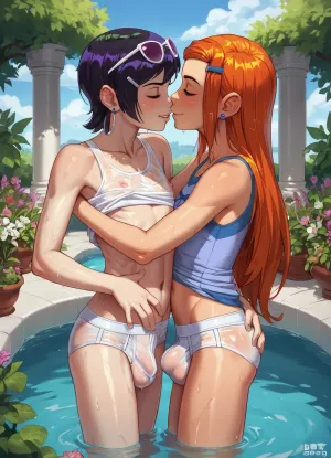 score_9, score_8_up, score_7_up, breasts, duo, (((2girls))), asian, futanari, femboys, Pattaya, Thai, penis, testicles, nipples, very small ass, very skinny, very skinny body, skinny tighs, visible ribs, very long straight black_hair, smile, smiling, eyewear_on_head, (soaking wet white tank top), wet see-through clothing, no bra, (white briefs), (((very big bulge))), very visible bulge, small_breasts, navel, very_long_hair, kissing, loving embrace, lift and carry anal, newhalf, futa_with_futa, day, side_view, standing, standing in garden in front of luxurious white villa, (/Ben10), /, (ultra, HD, quality, details), (green, eyes)