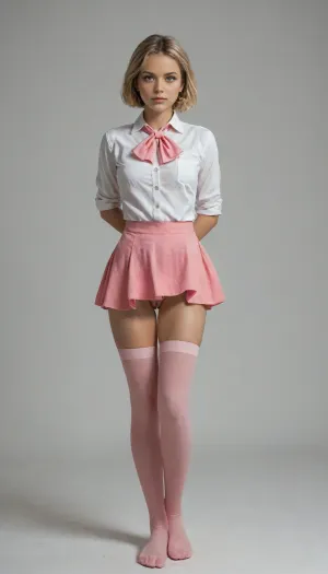masterpiece, best quality, very awa, very aesthetic, newest, thick outlines, very detailed, 1girl, solo, standing, beautiful, cute, kawaii, Elle, adult face, short blonde bob cut, big blue eyes, beautiful face, toned body, white unbuttoned shirt, tits visible, ascot, pink mini skirt, pink mini-skirt, upskirt, no underwear, pussy visible, pink thighhighs, hair bow, highly detailed, intricate, cute pose, modelshoot, abstract background, petite, perfect body, medium perky tits, sexy pose, erotic, seductive, medium perky breasts, innie pussy, cowboy shot, shadows, dynamic angle, dutch angle, dramatic lighting, cinematic lighting, full body view
