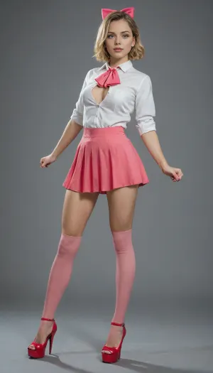 masterpiece, best quality, very awa, very aesthetic, newest, thick outlines, very detailed, 1girl, solo, standing, beautiful, cute, kawaii, Elle, adult face, short blonde bob cut, big blue eyes, beautiful face, toned body, white unbuttoned shirt, tits visible, ascot, pink mini skirt, pink mini-skirt, upskirt, no underwear, pussy visible, pink thigh highs, high heels on platform, hair bow, highly detailed, intricate, cute pose, modelshoot, abstract background, petite, perfect body, medium perky tits, sexy pose, erotic, seductive, medium perky breasts, innie pussy, cowboy shot, shadows, dynamic angle, dutch angle, dramatic lighting, cinematic lighting, very fat old man, full body view