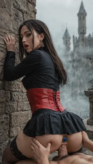 1Woman, puffy vagina, fat labia, puffy labia, vampire, night, mist, fog, long hair, small breasts, red eyes, black long coat, black fishnet stockings, choker, black skirt, black pubic hair landing strip, red corset, standing, bent over, spread legs, big cock, 1boy, vaginal, Pinned to the wall, view from above, spread ass, side view, ancient castle, butt plug, sexy look "do you want to fuck me too, viewer?", puffy pussy, Orgasm, closing eyes in orgasm, female orgasm, moans, groans, an orgasmic expression, exquisite sexual intimacy, deep sexual connection, beautiful sex, lovemaking, (female with sexy thighhighs:1.5), detailxl