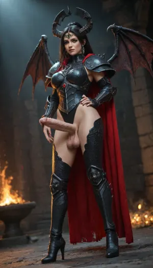 1girl, black hair, ponytail, long hair, hair ornament, orange eyes, (black sclera:1.2), colored sclera, masterpiece, best quality, absurdres, mature female, warhammer 40K themed, beautiful succubus wearing bulky evil plate armor, boobplate, spiky evil gauntlets, evil spiky tiara, circlet, black halo, demon horns, scale evil wings, evil cape, huge scaly pauldrons, armored boots, high heels, (fire and brimstone, hell gates), (sparkles, sparkling scales), sharp focus, (glossy evil clothing, glittering evil fabric), dark environment, darkness, shadows, full body, dutch angle, looking at viewer, standing, contrapposto, legs apart, intricate, highly detailed, majestic, depth of field, movie still, futanari, mastrubation, erect penis, hard penis, sagging testicles, veiny cock, leaking precum, throbbing cock
