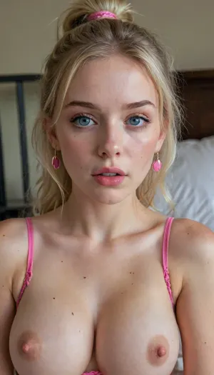 18yearold blonde cutie with the cutest face possible, very slim body, pale skin, small body, ((pink top with the text “CUM SLUT” printed on it)), (busty perky boobs), (cleavage), freckles, terrified of the viewer, eye contact, long wavy hair in a high ponytail with a pink scrunchy, wide panicked eyes, blue eyes, bedroom, stud earrings, toned belly, 4ng3l, face, <lora:SDXL_BetterFaces-LoRA_v1:.3>