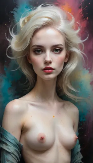 ZipRealism, (style of Anne Bachelier, style of Kim Keever:1.8), (avant-garde surreal esthetic, eerie, unnerving, weightless, otherworldly:1.4), (silver-blonde hair, voluminous hair, hair glow:1.2), (pale skin, flawless porcelain skin, albino, light eyebrows:1.4), (lithe, slender body, model body, inhuman features, chiselled cheekbones, delicate face), (pale breasts, topless, artistic nudity), study of feminine form, (focus on eyes, dispassionate gaze, emotionless eyes), (analog lens), Colorsplash, <lora:SDXLPaintSplash:.4>