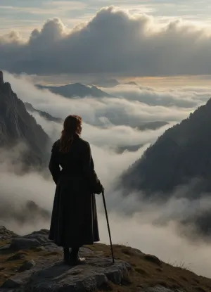 woman in a dark coat, standing on the edge of a mountain range, we see her from behind, she is slightly turned to the left, She stands on a promontory, she is holding a cane in her right hand, thick clouds around, mist in the valley, light haze, sunbeams breaking through the clouds, romantic atmosphere, painting by Friedrich