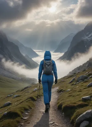 woman in blue alpinist suit, walking on a alpine path, she shows her breasts, thick clouds around, mist in the valley, light haze, sunbeams breaking through the clouds, romantic atmosphere, watercolor painting
